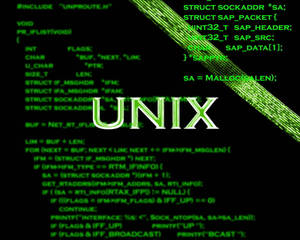 黑色背景上帶有對角光纖電纜效果的綠色發光UNIX文字和C代碼。