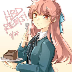 穿著校服的動漫女孩拿著蛋糕和叉子慶祝生日。