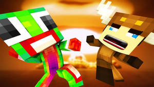 兩個方塊狀的Minecraft角色在熾熱的日落場景中戰鬥。