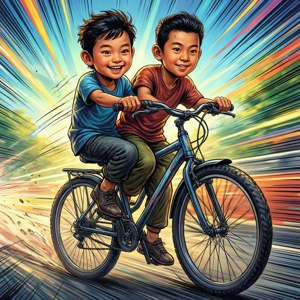 兩個男孩在騎單車時大笑，背景有動態模糊效果。