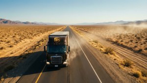 UPS送貨車在日落時分疾馳穿過廣闊的沙漠。
