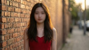 黃金時段身穿紅色連衣裙的年輕女士站在磚牆旁