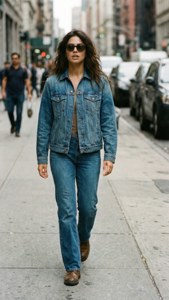 身穿牛仔外套和牛仔褲的女性在城市人行道上行走。