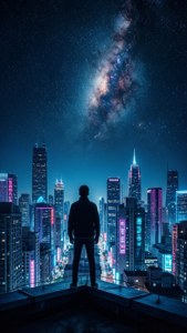 人在屋頂凝視發光的城市和星空