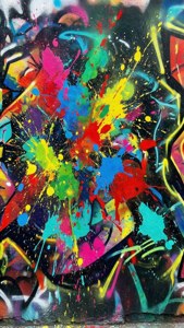 鮮豔的油漆飛濺和塗鴉標籤覆蓋了黑暗的城市牆壁，形成動態的色彩爆炸。