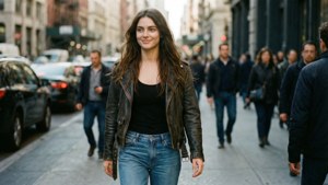 一位身穿皮褸和牛仔褲的女性走在繁忙的城市街道上。