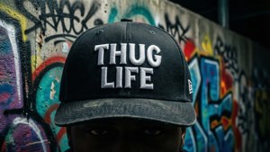 戴黑色帽子的人，帽子有白色 'THUG LIFE' 文字，背景是塗鴉牆