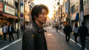 黃金時段繁忙的日本街道上穿著皮褸的男人。