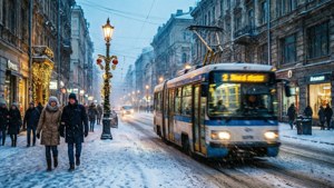 黃昏時分，有電車和行人靠近裝飾燈柱的積雪城市街道