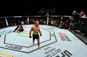 UFC拳手在八角籠中慶祝勝利，觀眾歡呼。