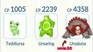 三張寶可夢進化卡顯示了Teddiursa、Ursaring和Ursaluna，附有CP值，並有一個紅色箭頭指向標示為Level 50的Ursaluna。