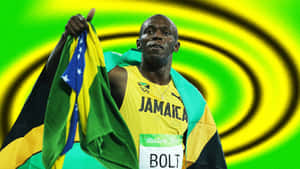 Usain Bolt 在2016年里約奧運會上披著牙買加國旗，手持巴西國旗。