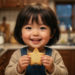 一個微笑的幼兒在廚房裡拿著星形曲奇。