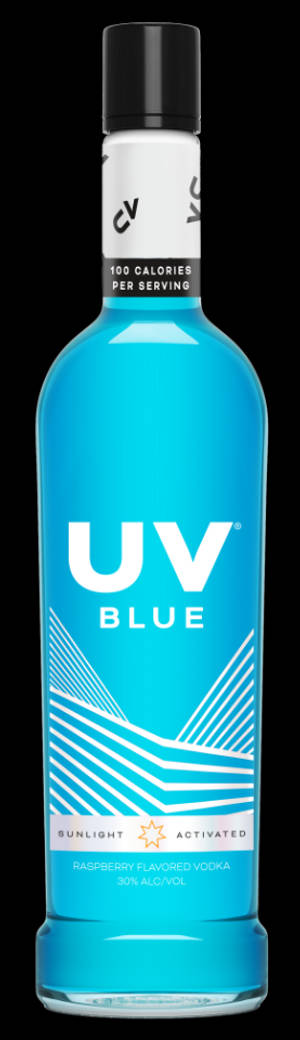 帶有白色標籤和黑色瓶蓋的藍色UV Blue伏特加酒瓶 — 藍色 壁紙