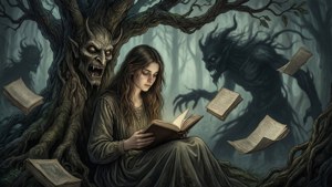年輕女子在陰森森林中被惡魔和漂浮書頁包圍著讀書
