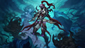 擁有發光眼睛和紅色斗篷的奇幻戰士，被黑暗魔法能量包圍。
