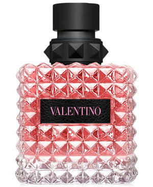 Valentino 香水瓶，帶有粉紅色鑽石切割玻璃和黑色鉚釘蓋。
