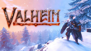 雪地森林中的維京戰士，Valheim 遊戲標題在暮色中閃耀。