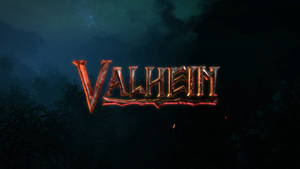 在黑暗霧氣瀰漫的夜晚森林中，上方有星星，發光的火熱文字Valheim。