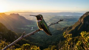 一隻蜂鳥棲息在樹枝上，俯瞰著日出時的山谷。
