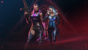 兩名身穿裝甲的女戰士在霓虹燈照亮的 cyberpunk 場景中手持武器。