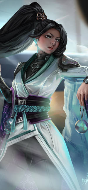 動漫女戰士穿著飄逸的白色和青綠色盔甲，手持發光球體。