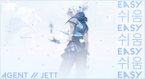 來自《Valorant》的動漫角色Jett，身處帶有韓文字的未來數位場景。