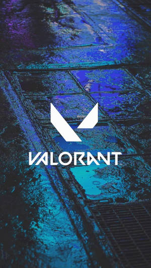 夜晚濕漉漉的鵝卵石街道上，Valorant 標誌帶有霓虹藍和紫色的倒影。
