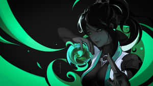 動漫女孩，綠色眼睛，在黑暗的漩渦背景中手持一個發光的綠色魔法球體。