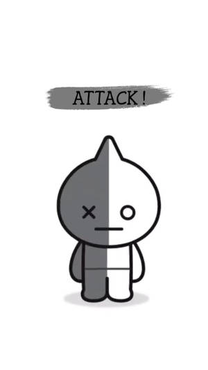 一個分成兩半的卡通角色，有一隻眼睛交叉，上面有attack這個詞。