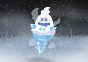 一個藍白相間的雪糕筒寶可夢飄浮在雪地上。