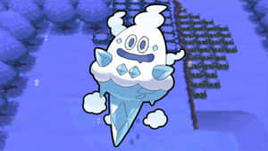 一個微笑的雪糕寶可夢在雪地森林中於黃昏時分飄浮。