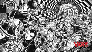 Vans Off The Wall 標誌被混亂的黑白滑板者和玫瑰插圖包圍。