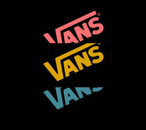 三個Vans品牌標誌，粉紅色、黃色和藍色，置於黑色背景上。