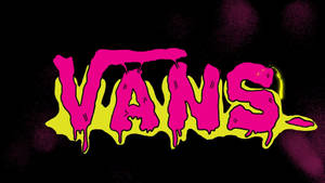 Vans 品牌標誌，深色背景上有滴落的粉紅色和黃色油漆。