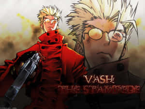 動漫角色 Vash the Stampede 穿著紅色外套手持槍支，身後有陰影臉孔。