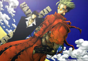 兩個動漫角色在藍天白雲中飛行。