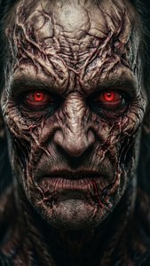 恐怖怪物的近距離特寫，皮膚龜裂，紅色眼睛發光。