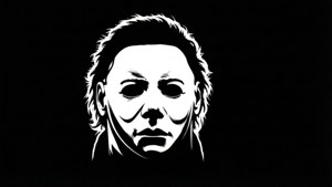 Michael Myers 在黑色背景上戴著白色面具