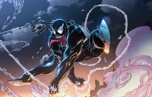 Venom 和蜘蛛俠在黑暗暴風雨的天空中進行空中戰鬥，伴隨著旋轉的能量。