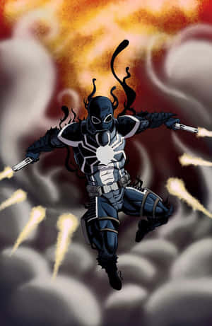 黑白西裝的 Venom 穿過火焰煙霧發射雙槍。