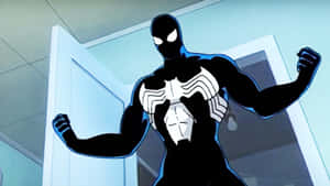 Venom 在門口穿著黑白西裝展示肌肉 — 卡通網絡角色 壁紙