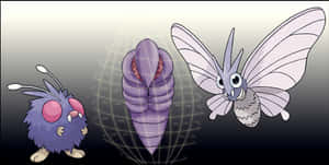 三個 Pokémon 在其進化階段：Caterpie、Metapod 和 Butterfree。 — 鐵血戰士 壁紙