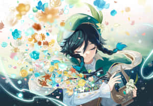 動漫女孩彈奏魯特琴，魔法花朵和發光粒子在她周圍旋轉。 — 原神 壁紙
