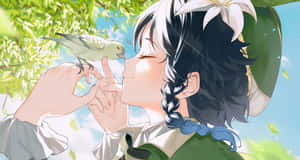 動漫女孩在枝葉茂密的樹下溫柔地捧著一隻小鳥。