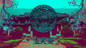 帶有青綠色和洋紅色濾鏡的庭院、櫻花和 Versace Medusa 標誌。
