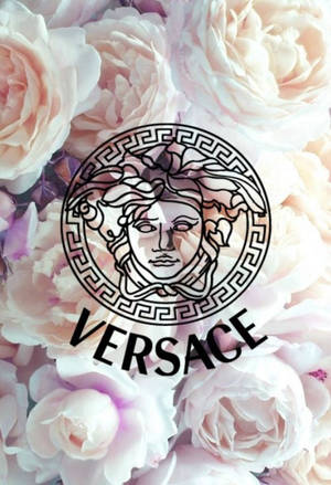 Versace 標誌在粉紅玫瑰背景上 — 柔和粉紅美學 壁紙