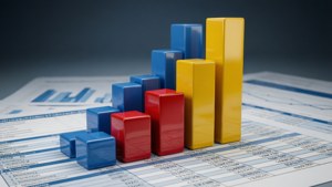 在印刷試算表上代表財務數據的彩色3D條形。