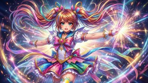 穿著魔法服裝的動漫女孩，被宇宙火花和彩虹能量包圍。