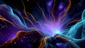 動態的宇宙星雲，帶有藍色和金色的發光流，以及深空中散佈的星星。